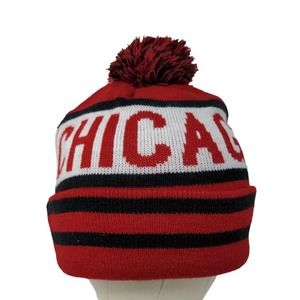 K&B Men's Knit Beanie Hat Cap Red Black Striped 100% Acrylic Pom Pom